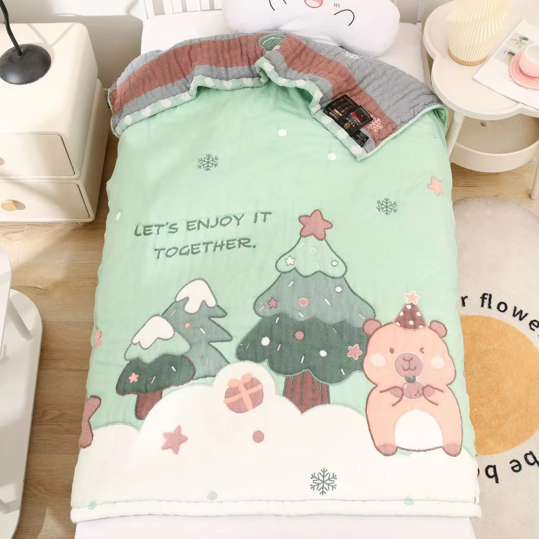 【圣诞卡皮】120*150泡芙被亲肤棉纱可爱通用加厚盖被多功能