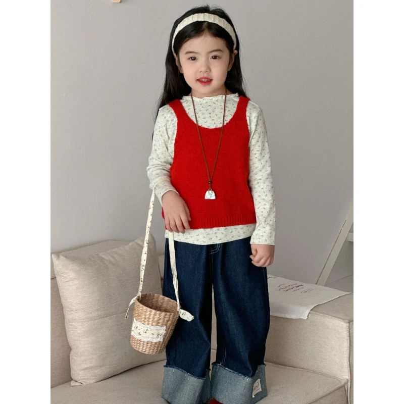 【Rainbow】2025春款甜美碎花打底衫针织背心三件套-66094