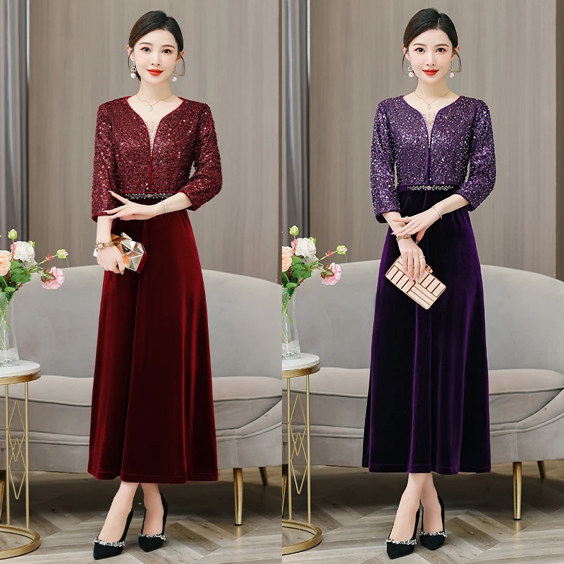 新国风婚宴礼服2025秋冬新款喜婆婆装重工亮片刺绣收腰显瘦连衣裙