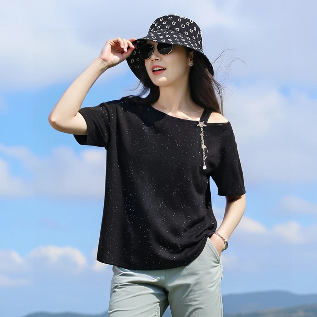 大码女装胖mm夏季t恤衫漏肩一字领斜肩百搭上衣甜美可爱风格衣服