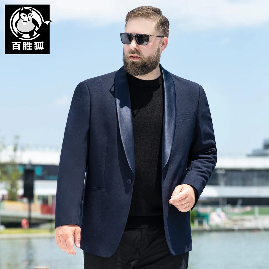 百胜狐青果领商务西装春秋胖子加肥西服上装长袖正肩袖修身型薄款