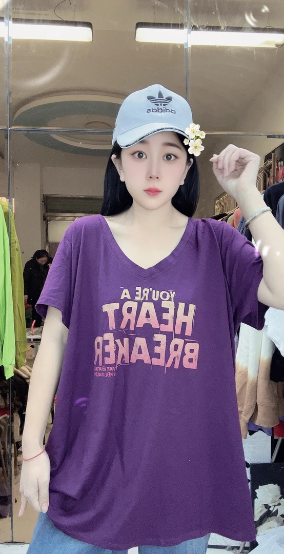 外贸纯棉大码T恤紫罗兰V领
