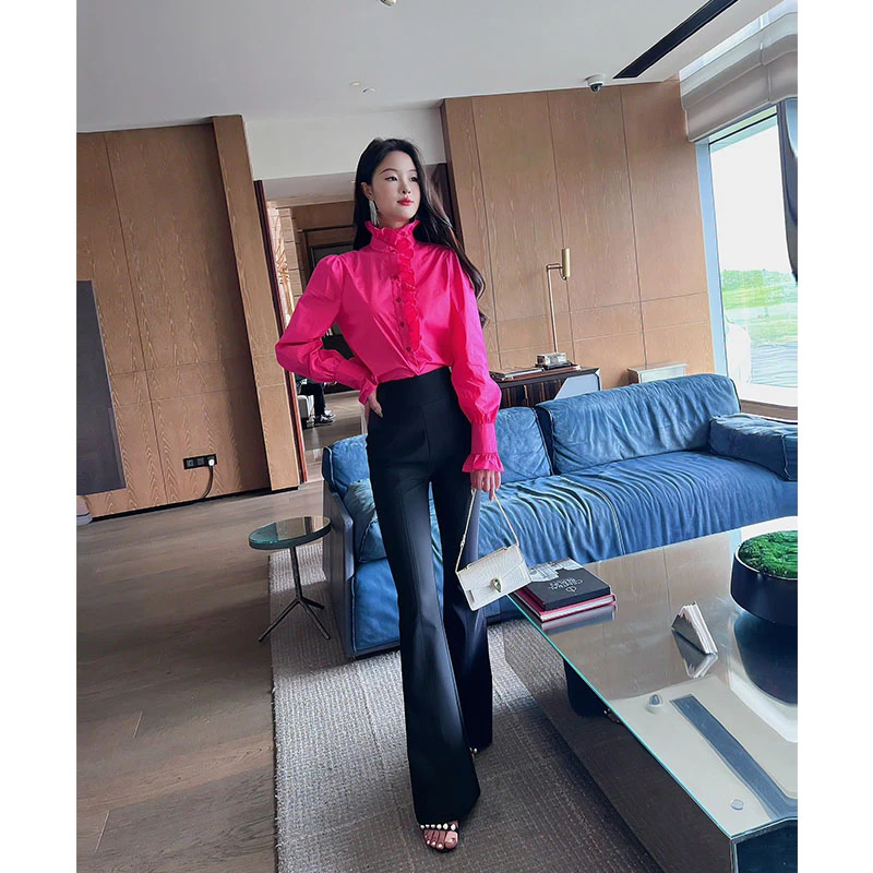 格润雅气质两件套2025年新款时髦衬衫高腰显瘦微喇裤设计感套装