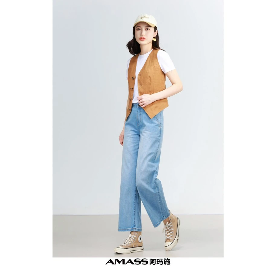 阿玛施 新款INS复古经典显瘦休闲中高腰直筒水洗牛仔裤穿搭510010