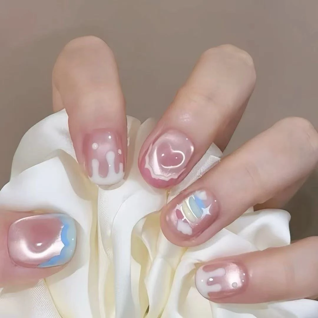 【蛋糕彩虹】法式流心奶油边 彩虹少女款式纯手工穿戴美甲元气满满