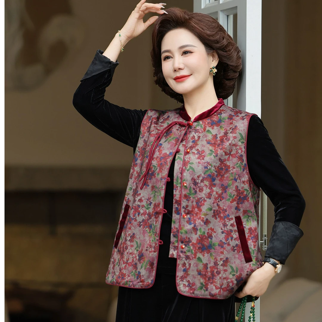 大码妈妈装碎花立领马甲女2025春新款中老年休闲百搭国风盘扣背心