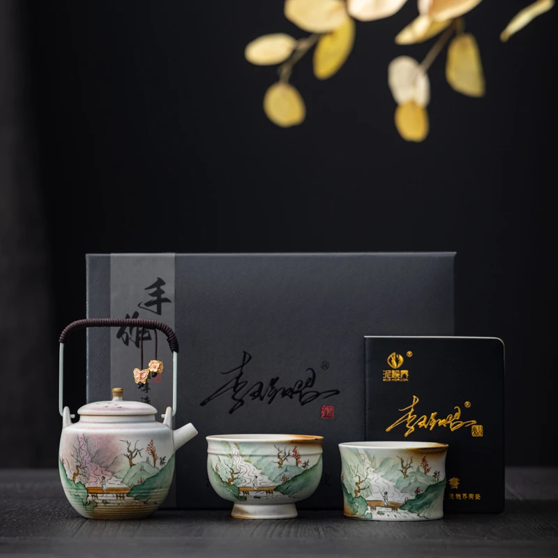 亘古李辉熠行舟手绘轻奢茶具泡茶壶茶杯陶瓷大容量提梁壶家用高档