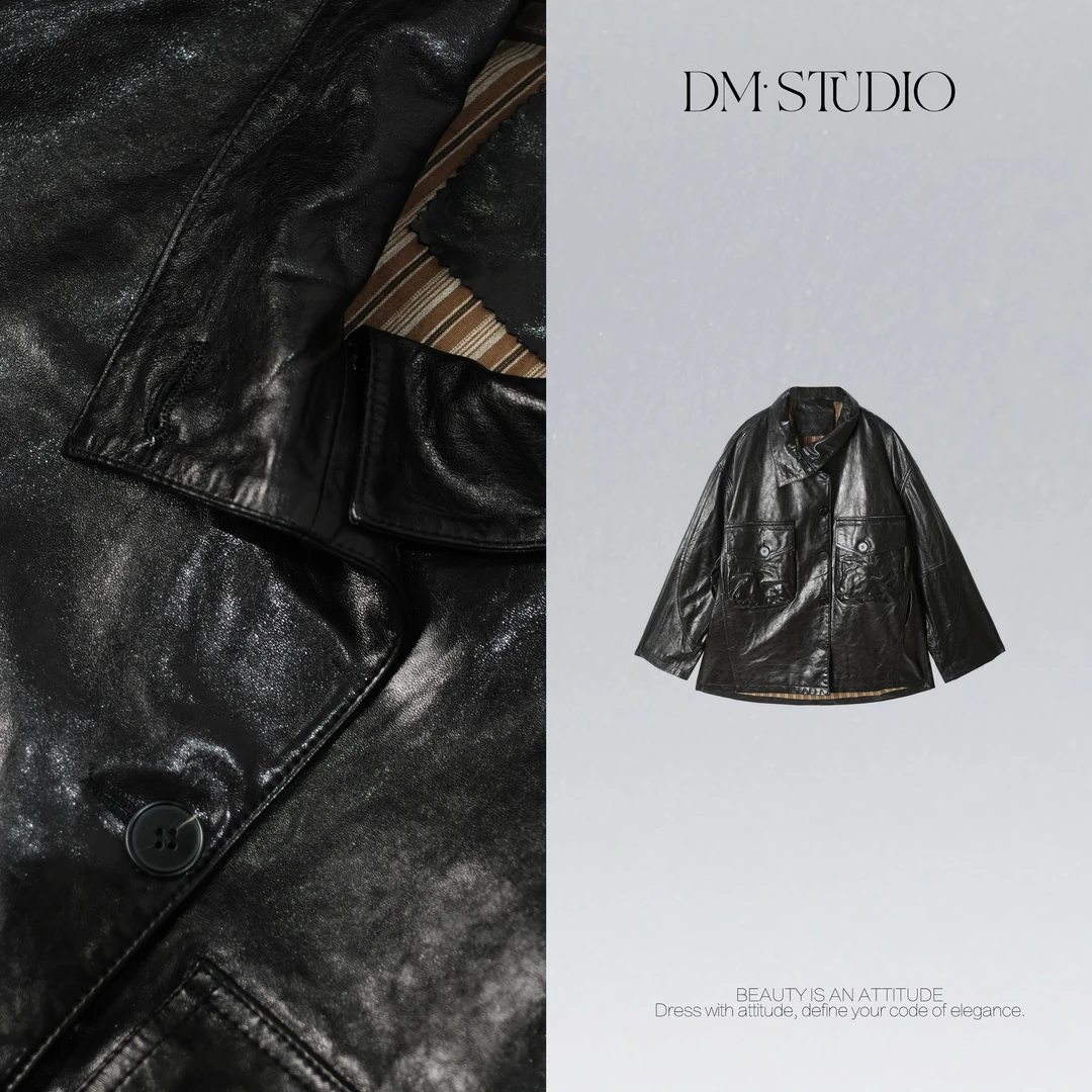 DEDM•STUDIO/气质复古高奢内衬条纹翻领绵羊皮皮衣2506PY/2552