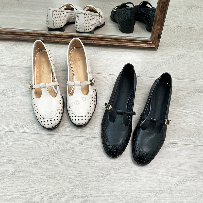 2cm/1942牛皮镂空透气单鞋女春夏新款法式玛丽珍鞋圆头平跟真皮