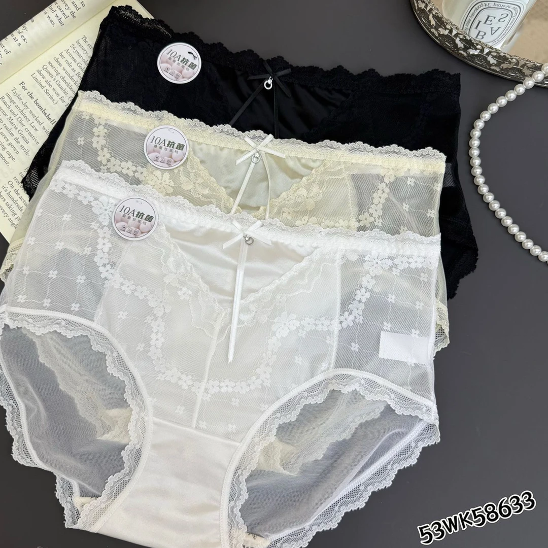 椰林晚风～法式蕾丝中高腰舒适透气网纱桑蚕丝裆柔软亲肤女士内裤