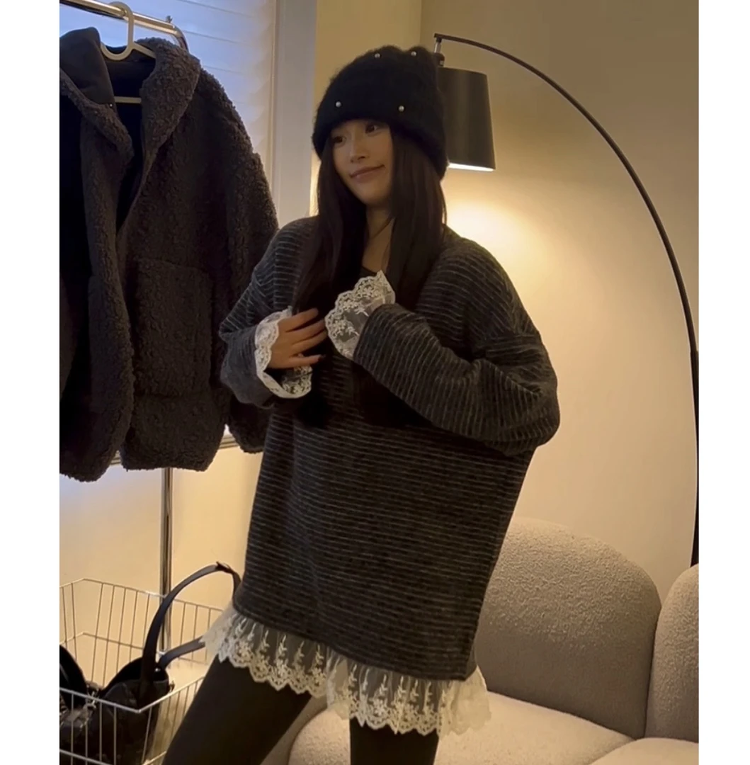 【WEN】蕾丝条纹 冬季节加厚底边蕾丝花边毛绒条纹内搭打底衫 YS697