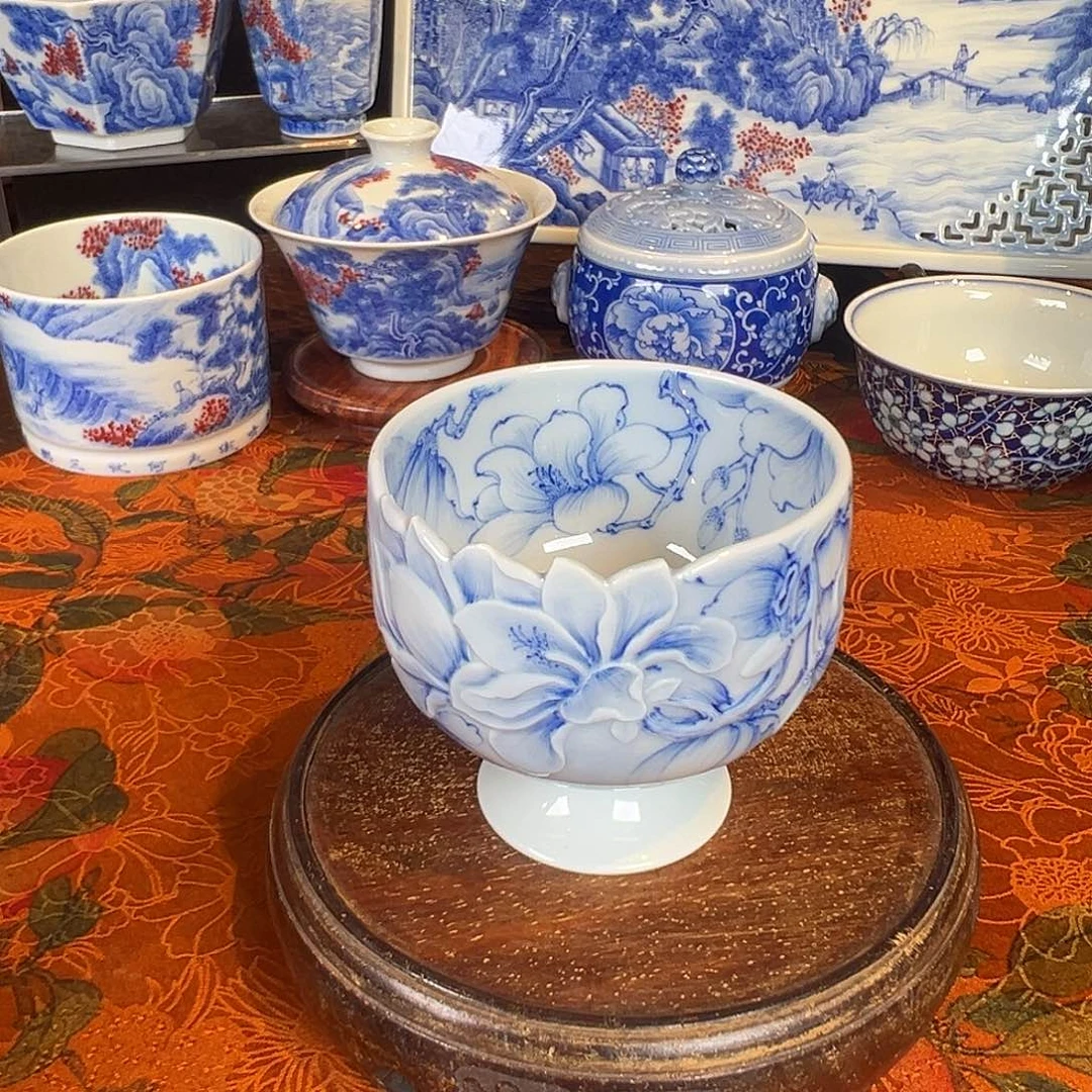 瓷杯子青樵轩雕刻玉兰花高足