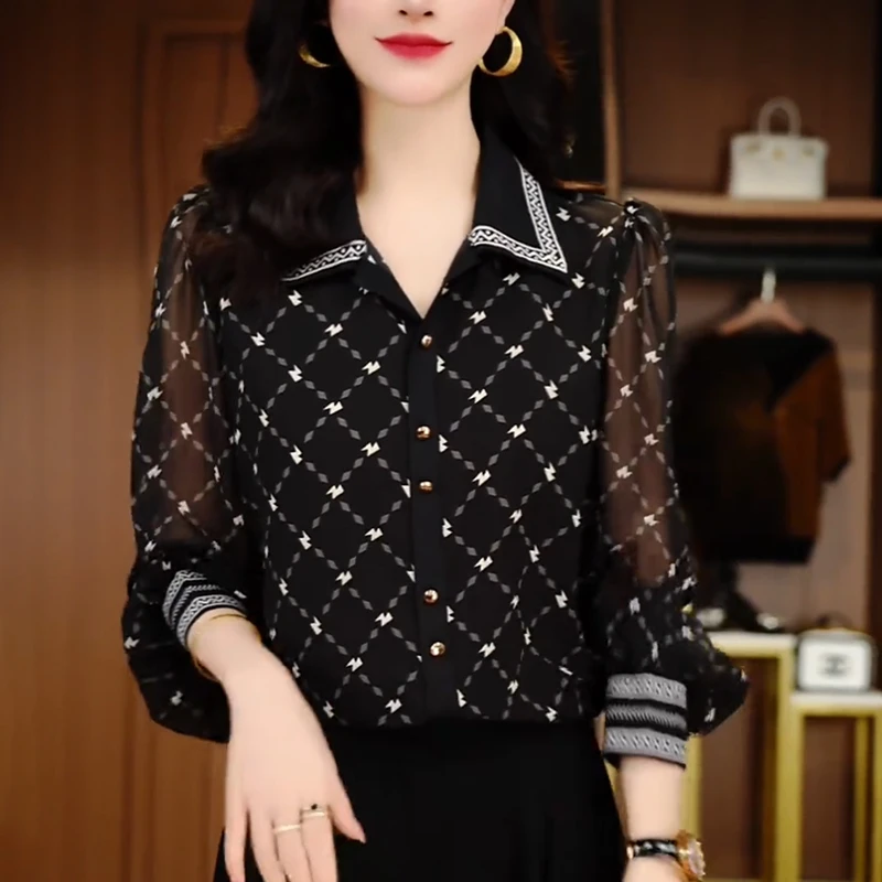 2025秋季新款女黑色长袖衬衫洋气减龄宽松显瘦薄款网纱雪纺上衣