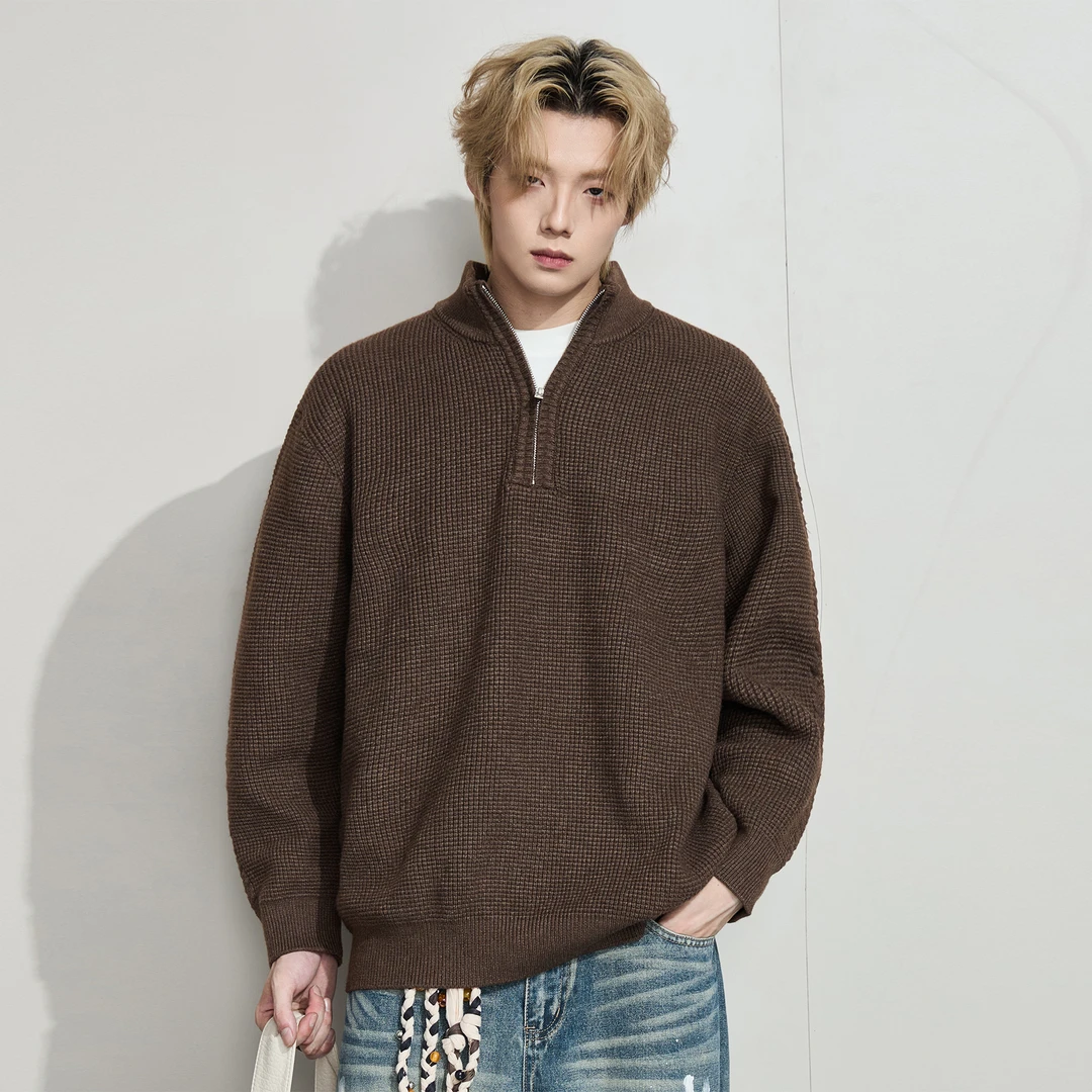 重磅半拉链毛衣男痞帅秋冬美式慵懒风半高领针织衫情侣休闲外套
