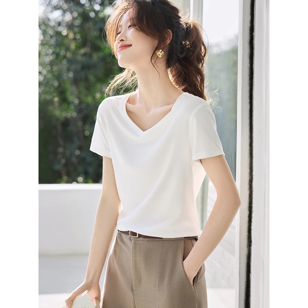 沫晗依美正肩T恤V领纯色显瘦短袖25春季新款经典百搭休闲纯色上衣