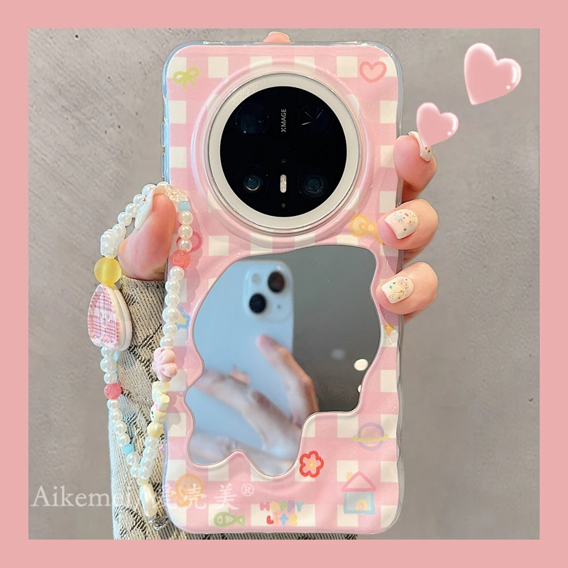 适用华为mate70pro+手机壳波浪纹镜面Mate60pro+粉色格子图标链条