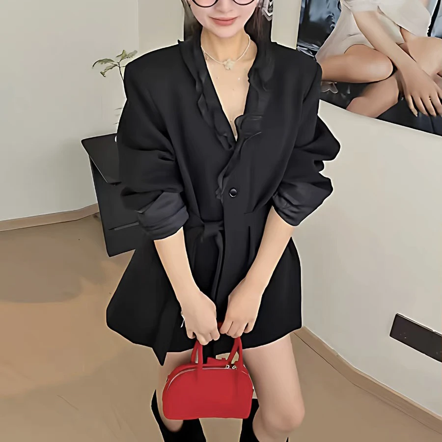 荷叶边拼接呢子西装外套2025冬款收腰系带显瘦加厚外套+半身裙