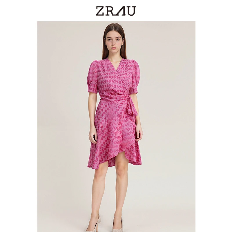 【达人专属】ZRAU夏季新款浪漫法式印花绑带收腰连衣裙Z1242L00