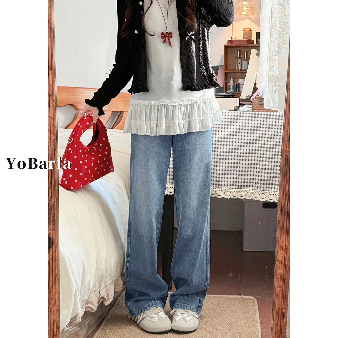 蓝色阔腿牛仔裤女秋冬加绒大码胖mm宽松显瘦梨形身材窄版直筒裤子