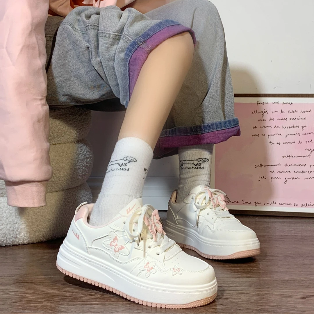 回力少女心爆改粉色蝴蝶休闲板鞋女厚底增高板鞋增高配裙子小白鞋