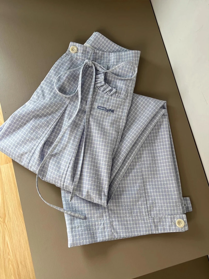 2025春夏新款法式慵懒风宽松休闲高腰阔腿裤熔点复纱格子休闲裤女