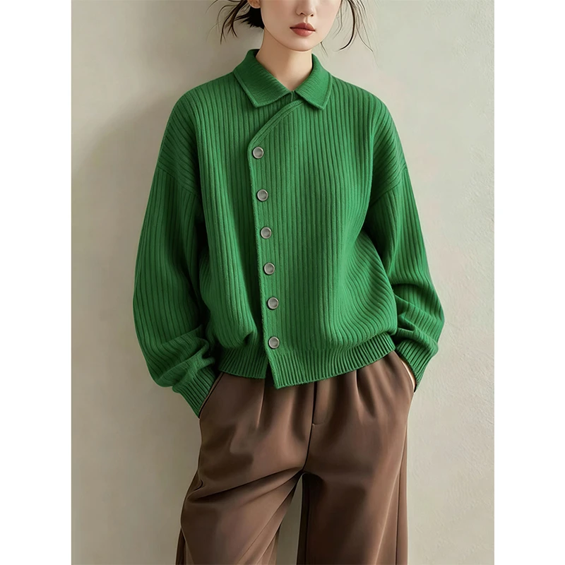 墨绿色翻领斜襟扣厚针织衫毛衣慵懒高级感复古小众针织外套2025女