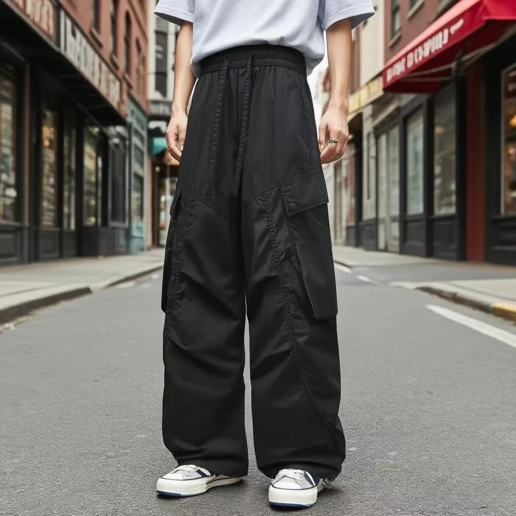 骆驼骑师美式褶皱伞兵工装裤男女夏季多口袋宽松冰丝阔腿休闲裤