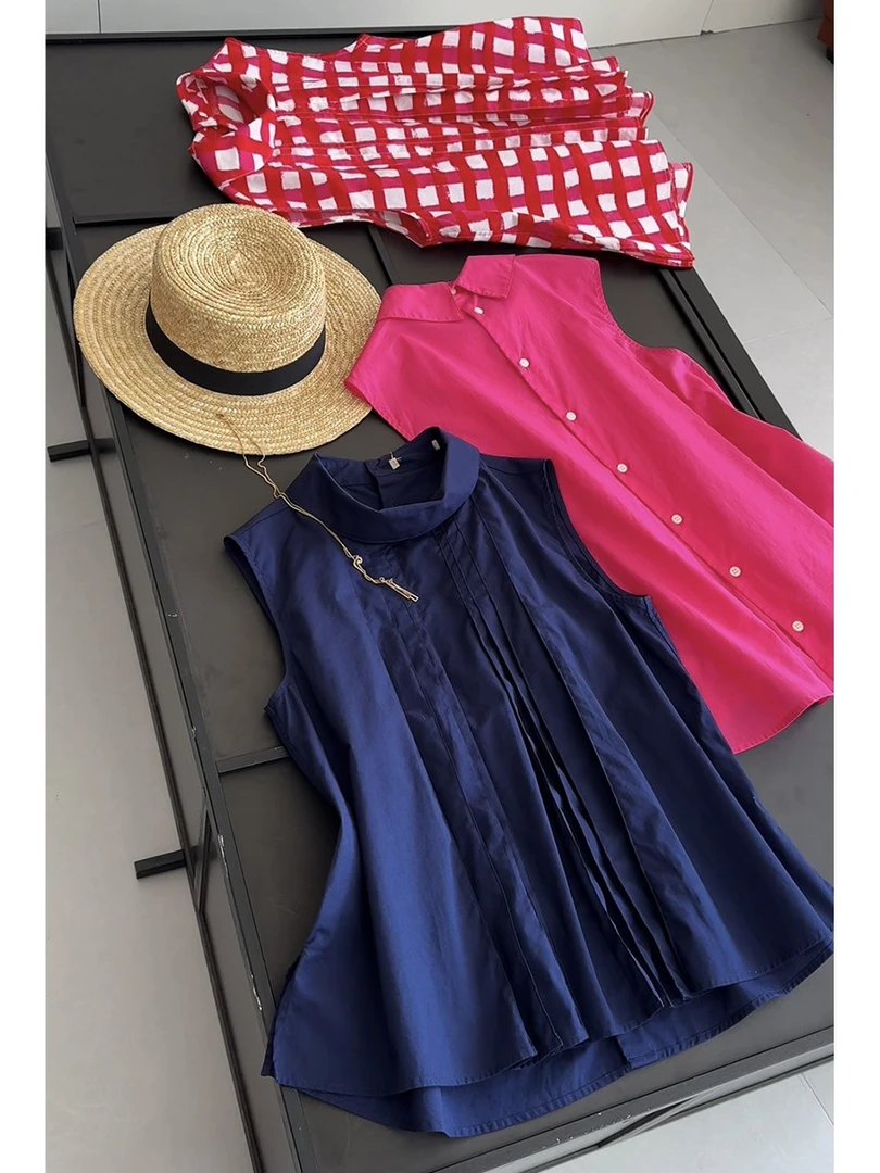 夏季休闲百搭设计感女装纯色格纹打褶衬衫无袖背心娃娃衫上衣