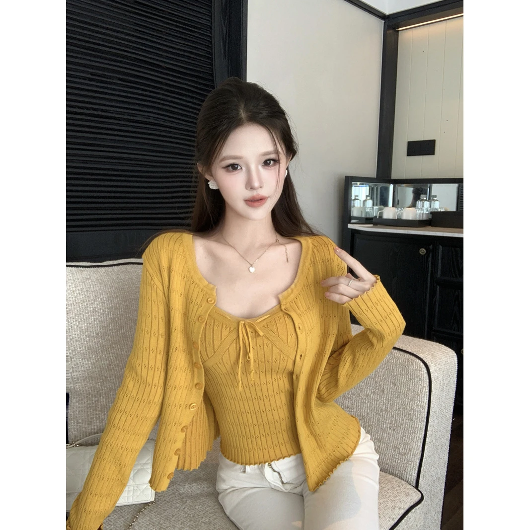 针织衫黄色针织开衫外套女修身纯色高级两件套上衣长袖短款打底