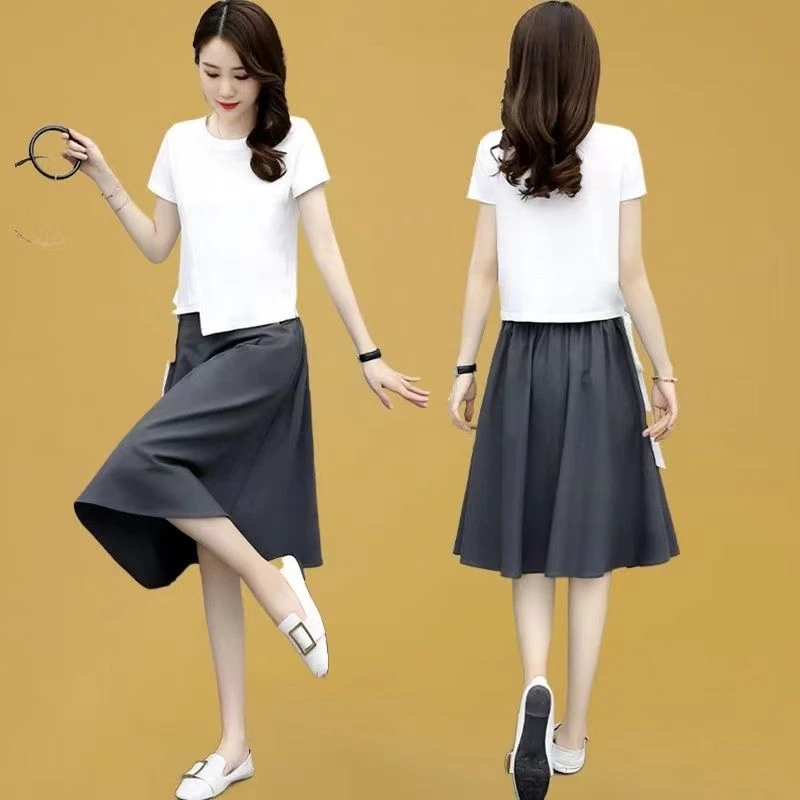 逸阳夏季新款小个子显瘦潮棉麻连衣裙不对称短袖套装韩版简约风格