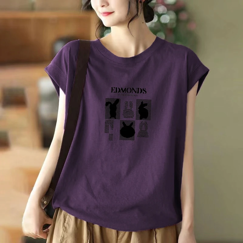 夏季新款大码宽松飞飞袖纯棉圆领T恤女复古港风休闲百搭无袖上衣