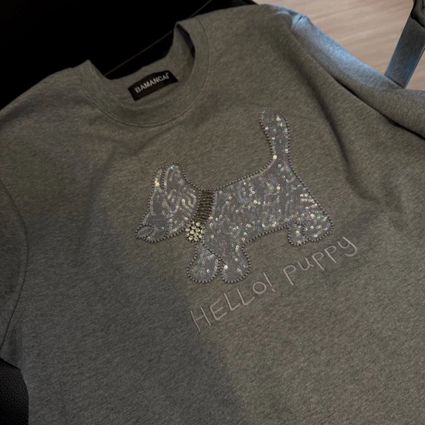 Bamancai-设计感重工亮片小狗短袖时尚百搭纯棉甜美减龄女上衣