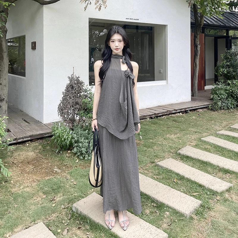 KaDaiShan【两件套】复古优雅老钱风宽松吊带连衣裙气质温婉套装女