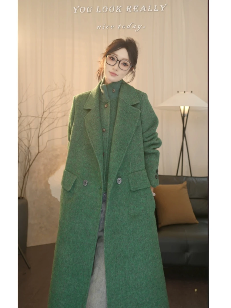 （TA)长款呢大衣常规立领毛呢外套绿色翻领中长款秋冬25058