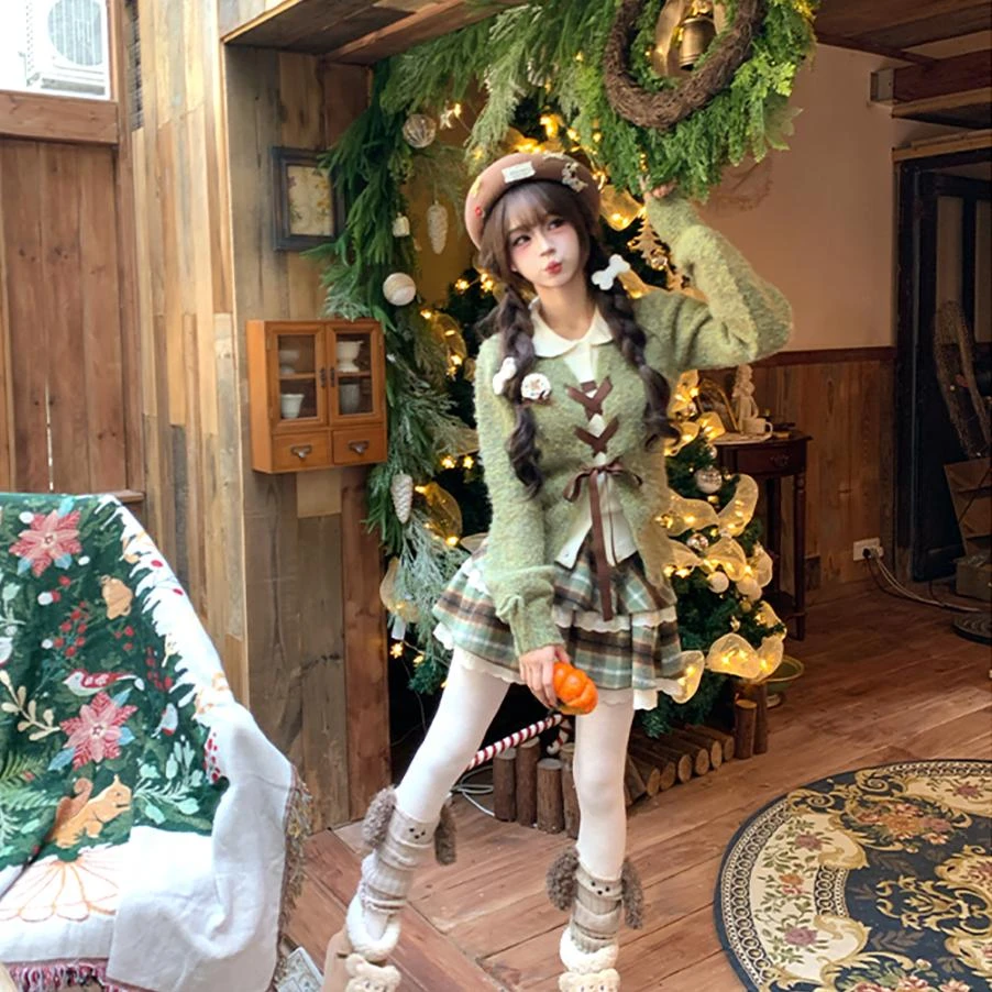 森屿糖巧 织物猪原创 复古森系穿搭绿色开衫毛衣女冬长袖针织衫