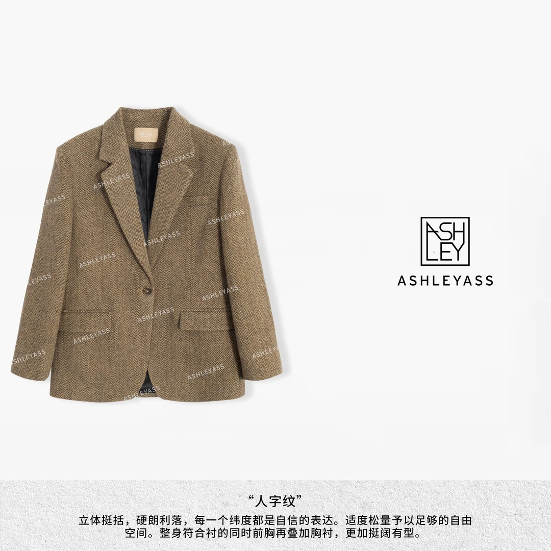 ashleyass“人字纹”一粒扣V领时尚舒适西装长袖外套LSS241356C