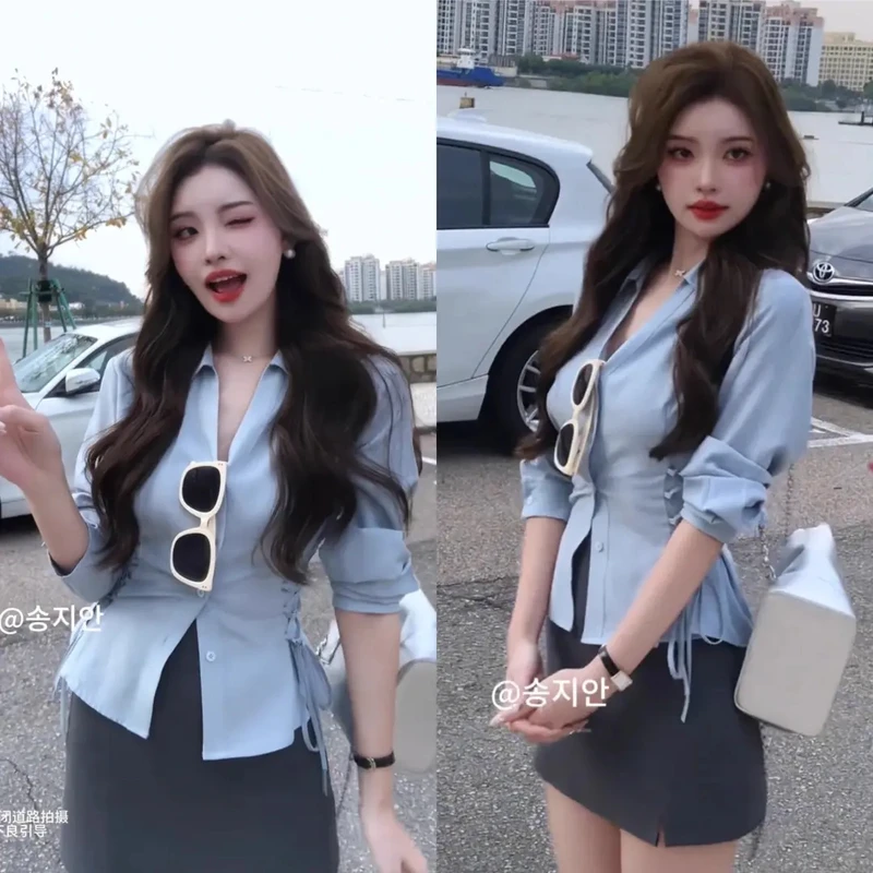 韩系气质翻领收腰衬衫女上衣春季新款衬衣女款高级感高腰短裙套装