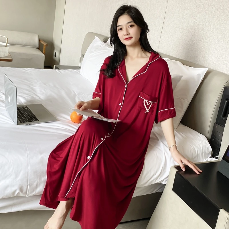 夏季薄款纯色裙女士大码短袖家居休闲裙韩版宽松印花长款连体睡裙