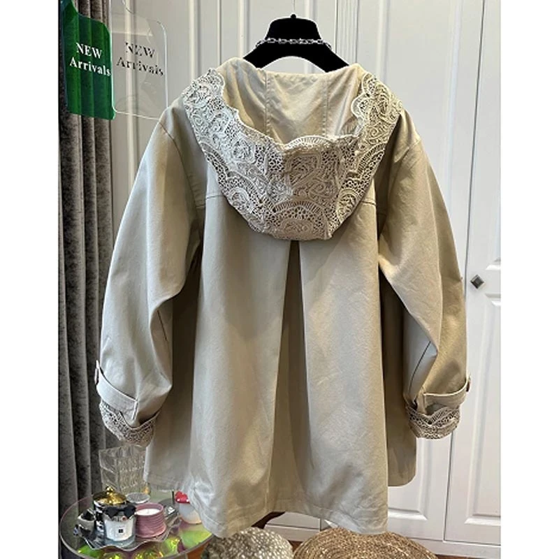 2025夏季韩式新款高级感蕾丝连帽中长款风衣外套女宽松设计感上衣
