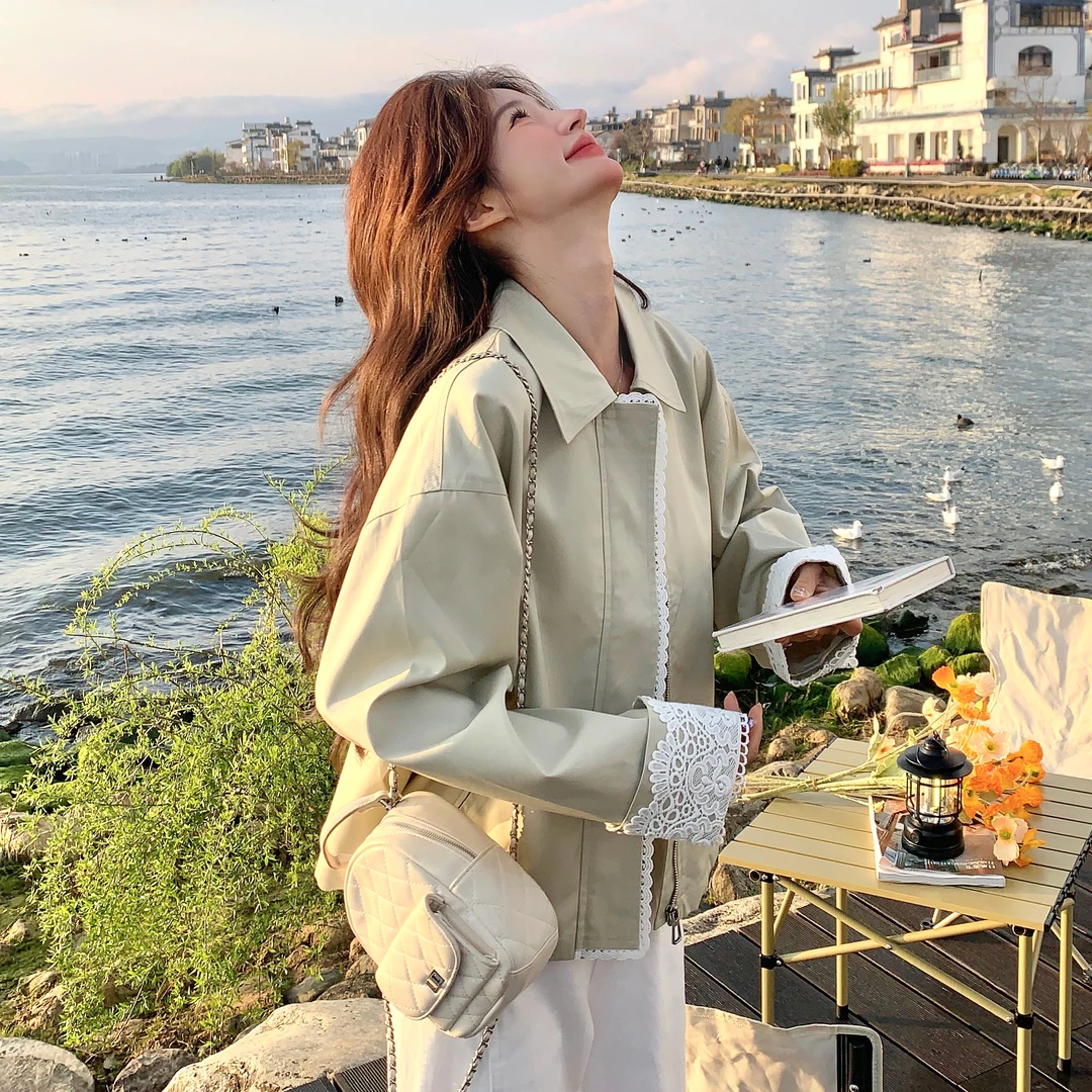 蕾丝拼接外套女秋季2025新款韩版小个子短款洋气休闲百搭夹克上衣