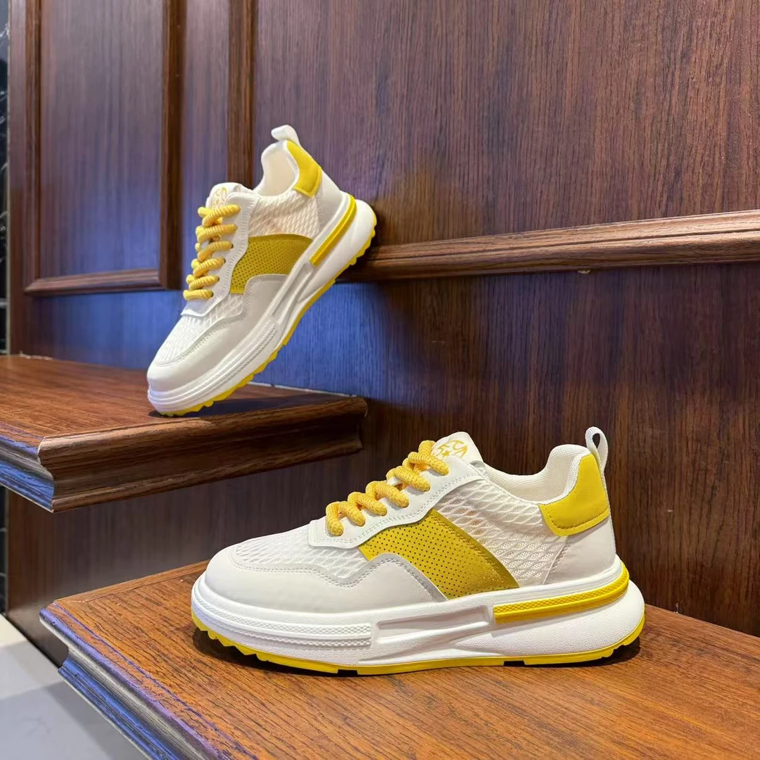 男鞋2025网面夏季时尚拼色厚底休闲鞋低帮系带潮流增高男生鞋子