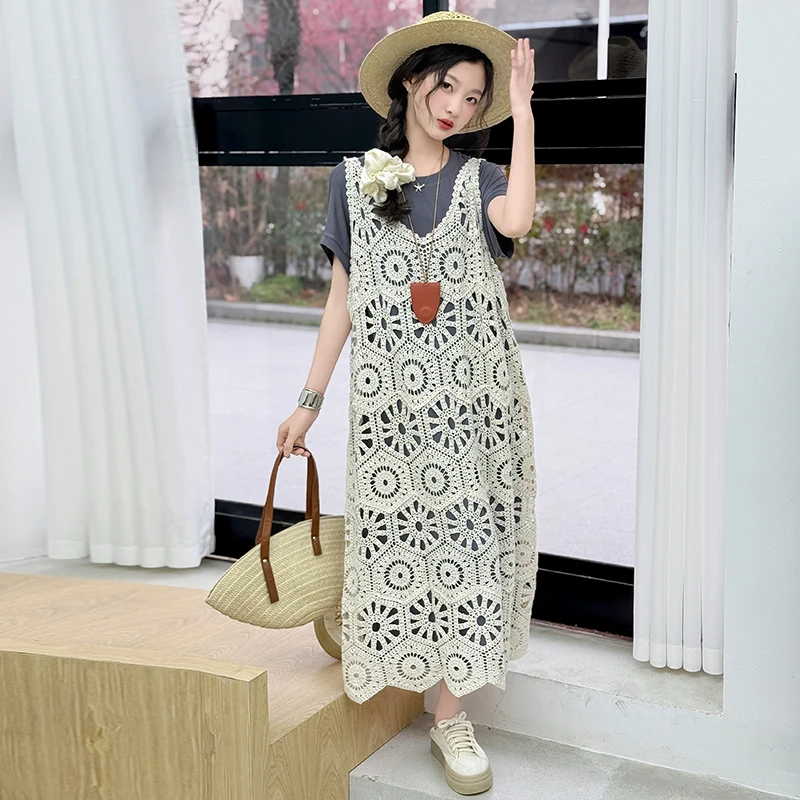 女童夏季度假风透气镂空女童背心连衣裙中大童显瘦气质时尚中长款