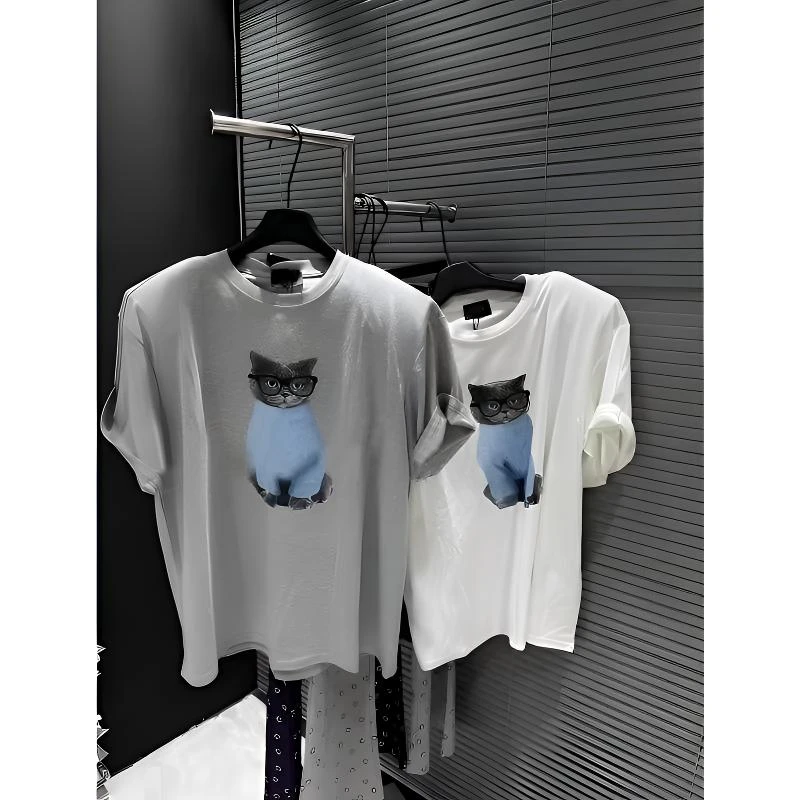 韩国东大门2025早春新款休闲宽松纯棉猫咪卡通印花短袖T恤女上衣