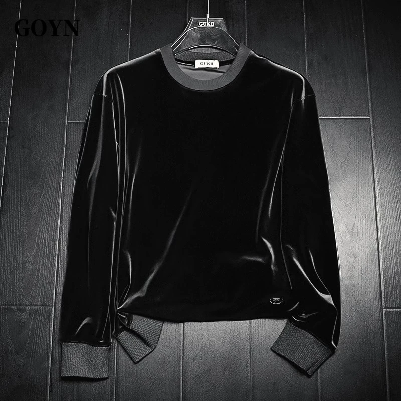 GOYN秋冬季男款高品质金丝绒舒适纯色长袖卫衣宽松上衣打底衫男装
