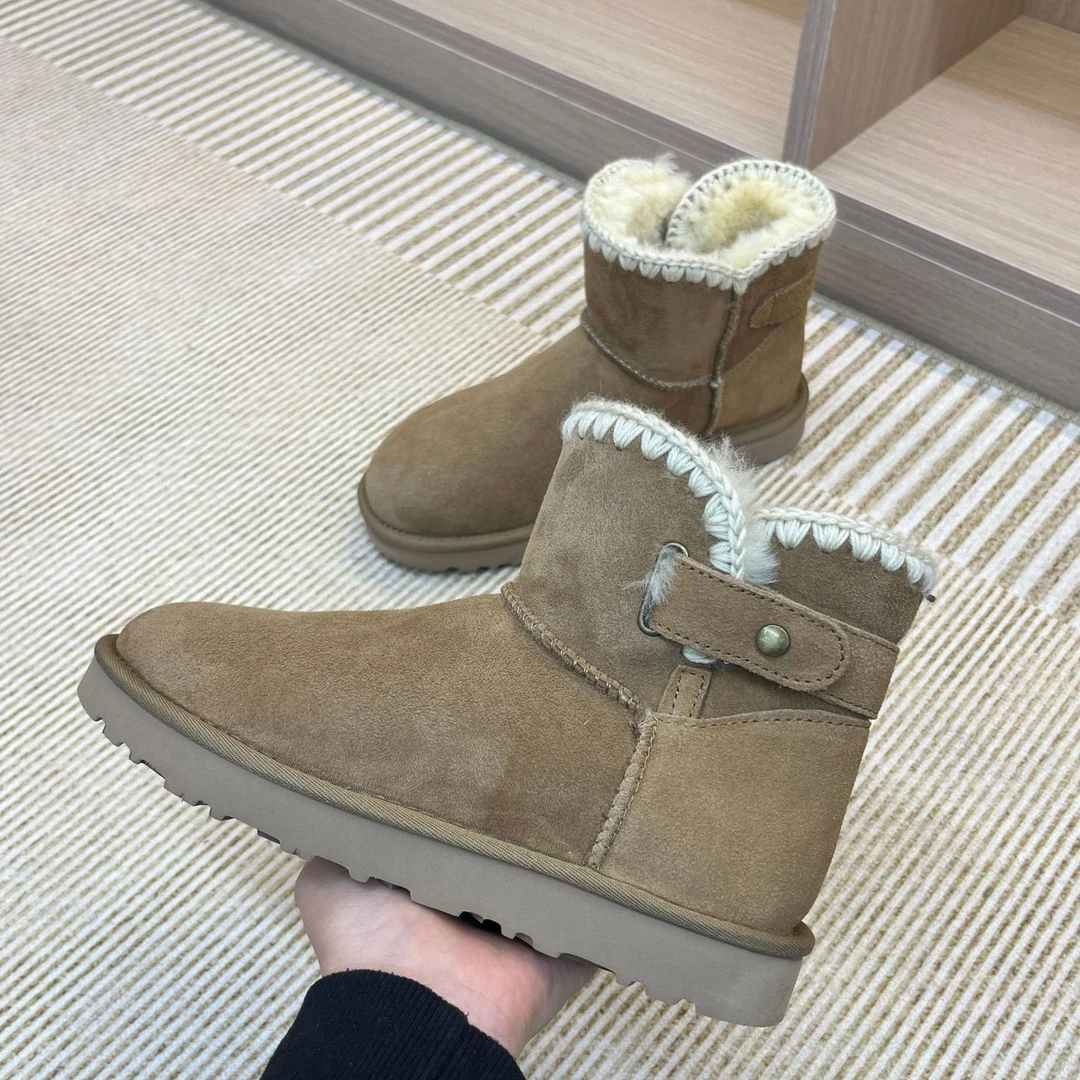 【毛线口周冬雨铜扣款全新未拆封】桑坡雪地靴羊皮毛一体薄/厚底