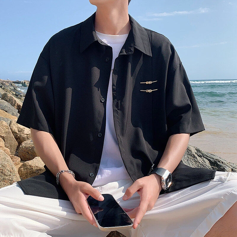 新中式黑色冰丝短袖衬衫男士夏季薄款高级感痞帅潮牌大码休闲衬衣