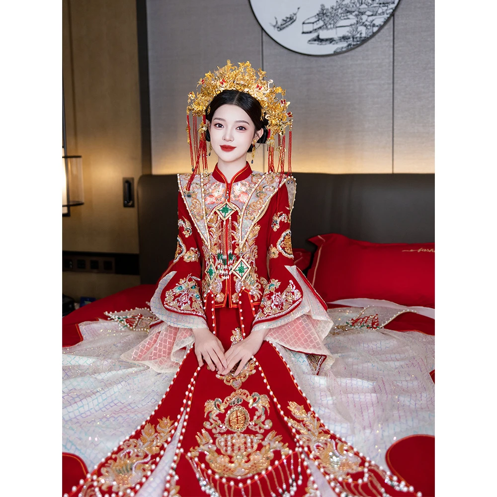 秀禾服婚服2025新款结婚礼服中式重工新娘大码凤冠霞帔出阁嫁衣冬