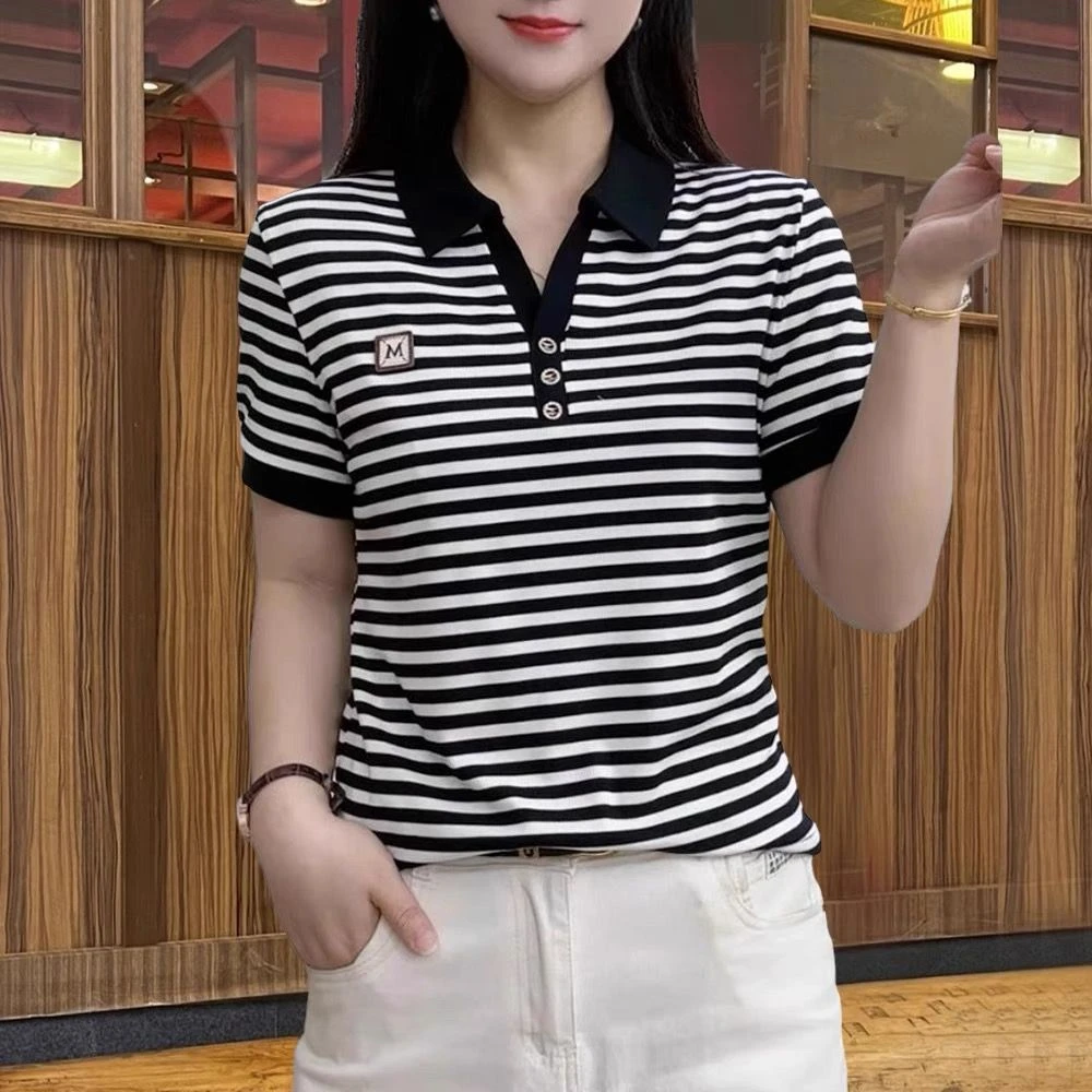 852黑色绣花条纹短袖T恤女夏季新款洋气妈妈时尚遮肚POLO领小衫