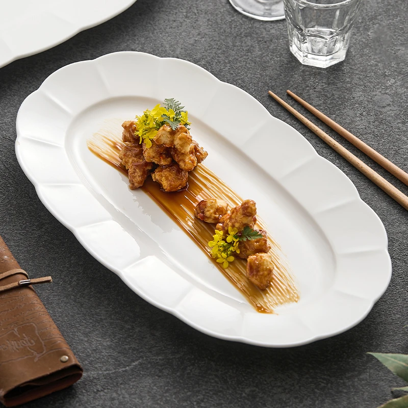 陶瓷盘子高级感家用菜盘创意餐盘酒店餐具大号椭圆菜碟子花边鱼盘
