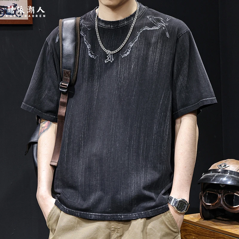 高端水洗复古潮牌短袖t恤男士宽松大码夏季2025新款衣服男装体恤
